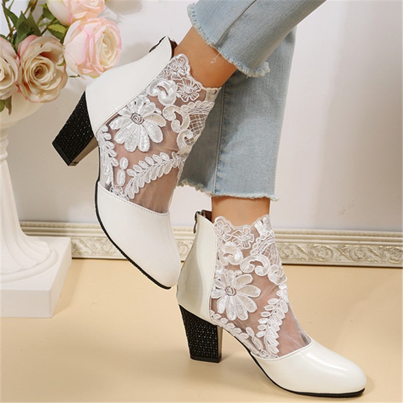 Botines de tacón grueso de malla bordados con encaje para mujer