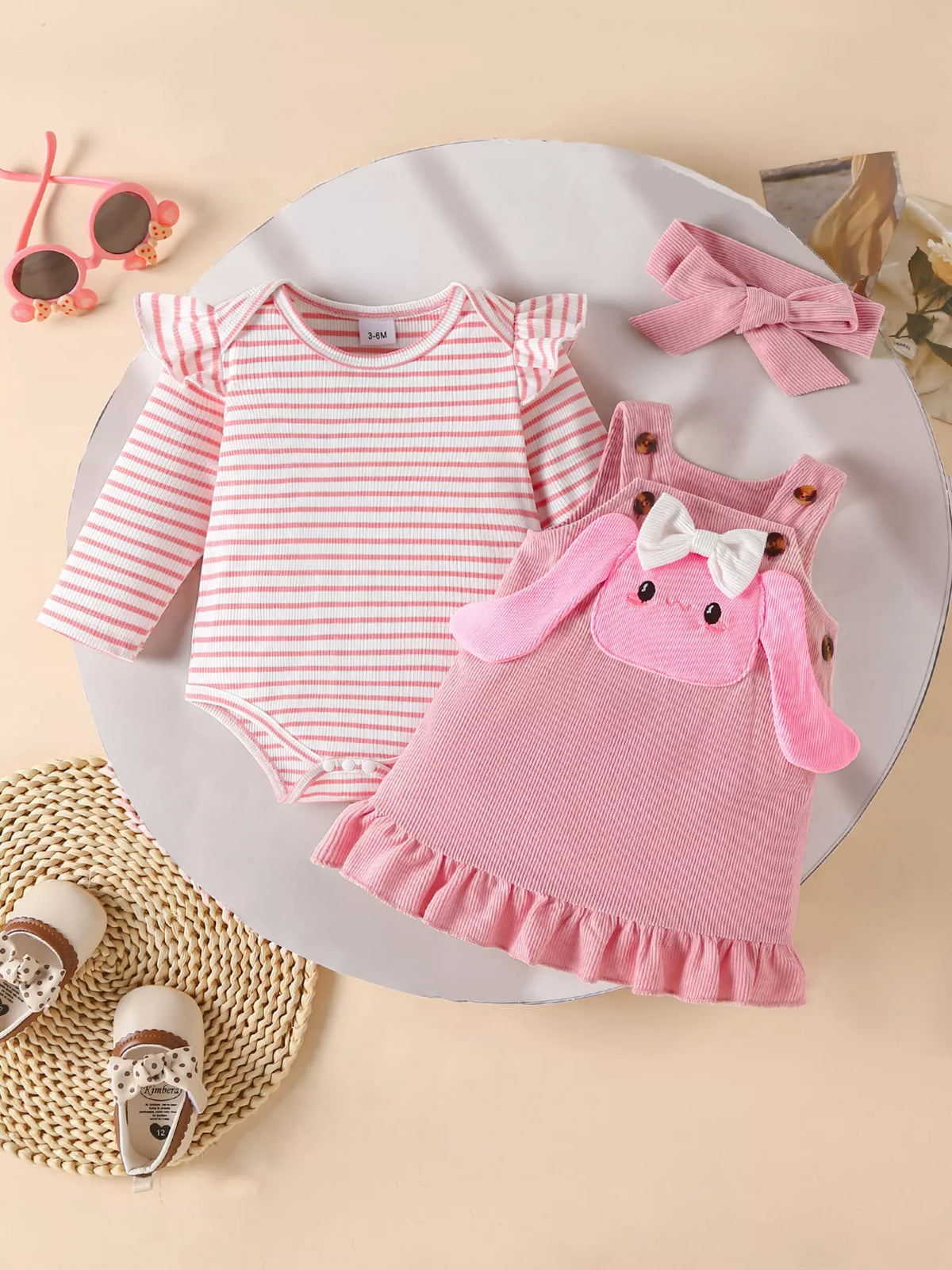 Children's Ruffled Trim Bodysuit and Dress Set with Headband