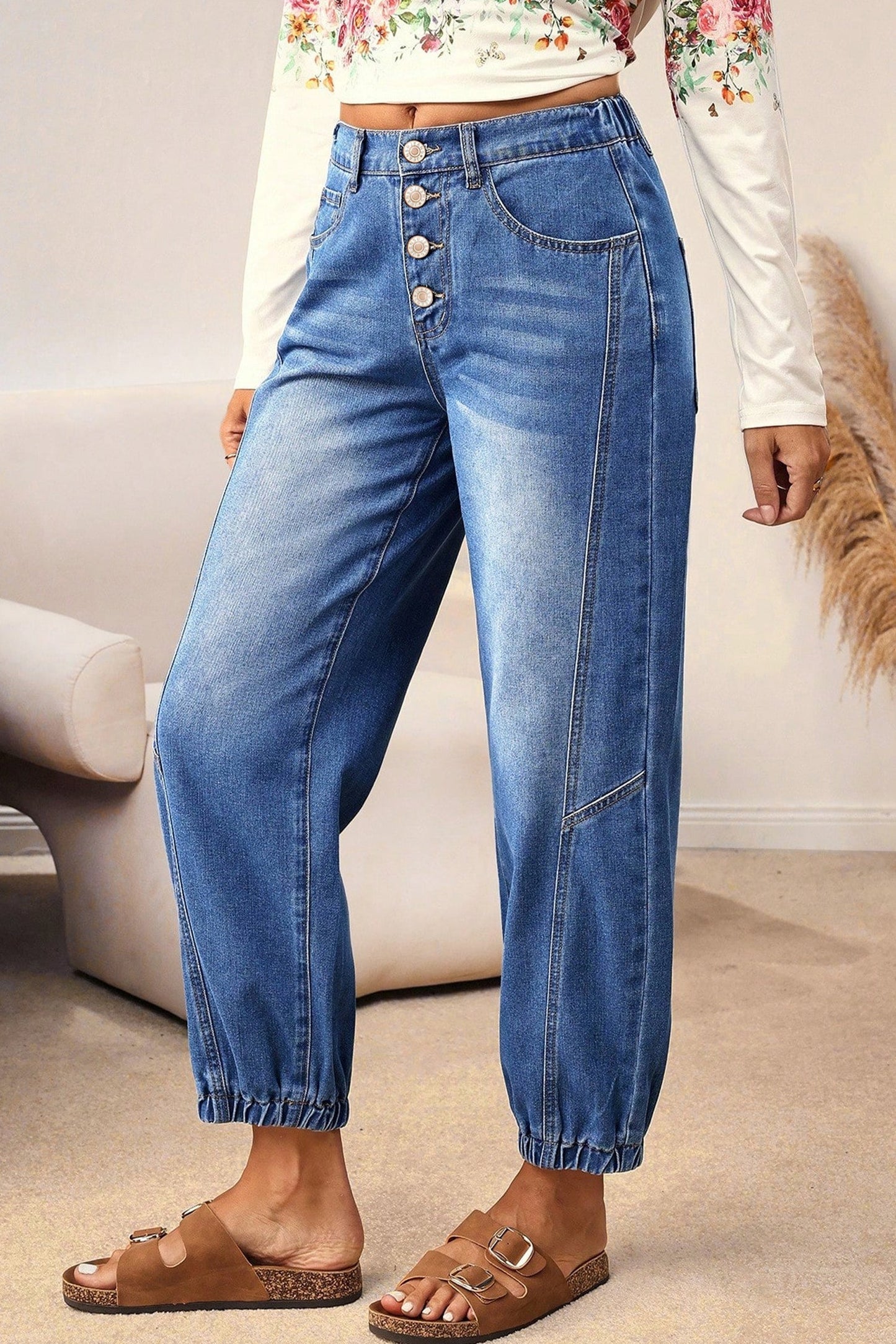 Jeans casuales de corte holgado cónico, azules, de 4 botones frontales