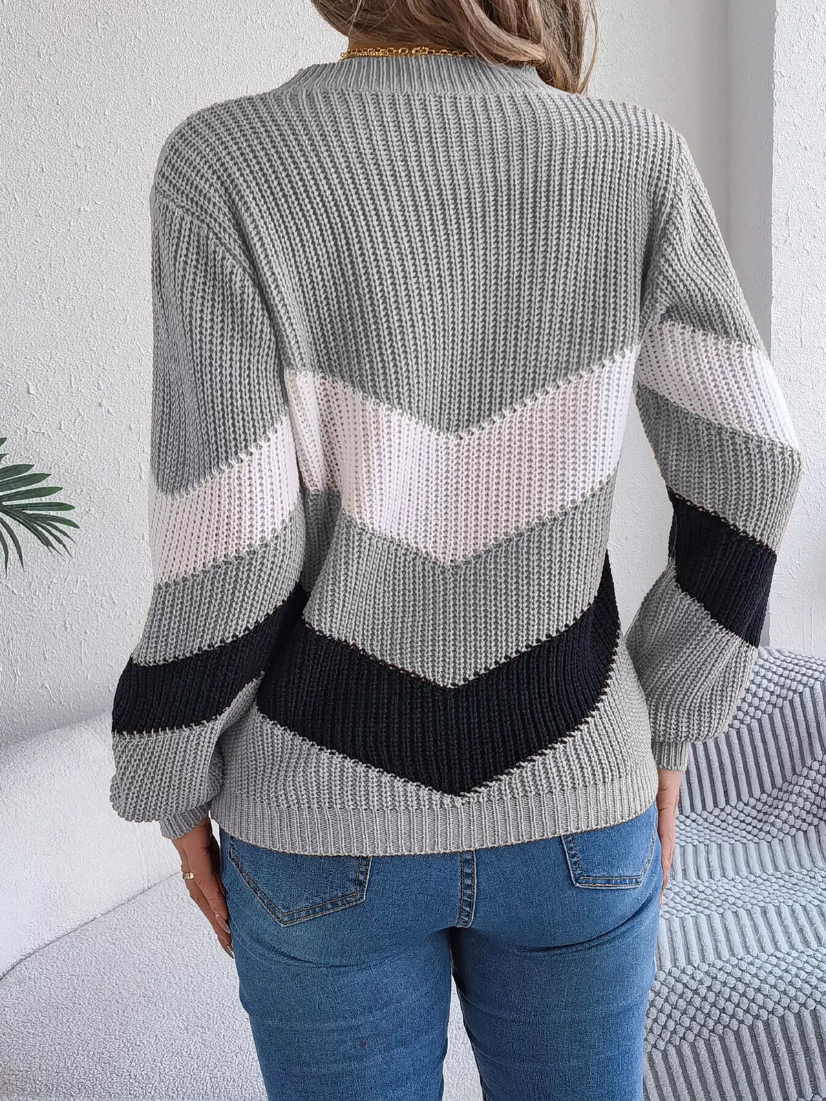 Chevron Stripe Color Block Round Neck Sweater