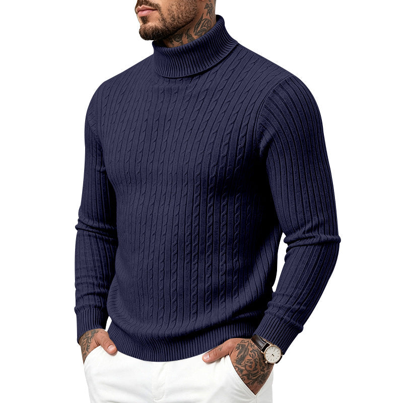 Mens Turtleneck Slim-Fit Vertical-Stripe Casual Long-Sleeve Sweater