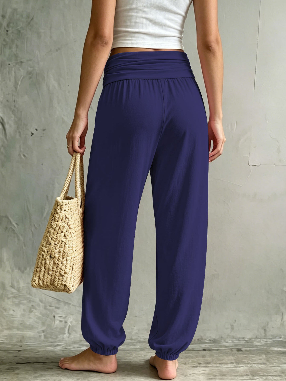 Summer Women Fold Over Waist Joggers, Soft Stretchy Loose Harem Pants Casual Daily Lounge Tapered Sweat Pants