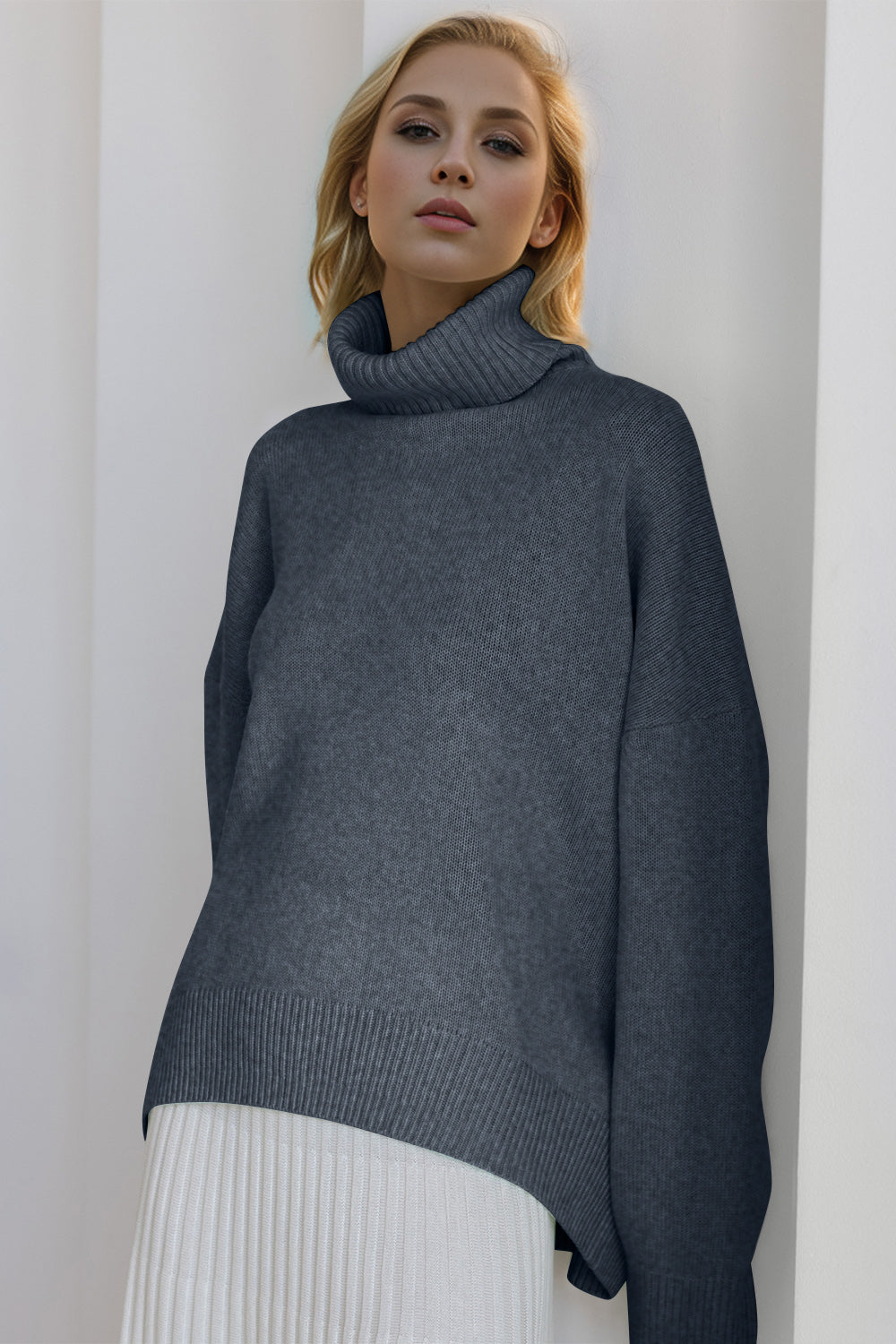 Back To School Sweater - Basic Bae Turtleneck Dropped Shoulder Long Sleeve Sweater