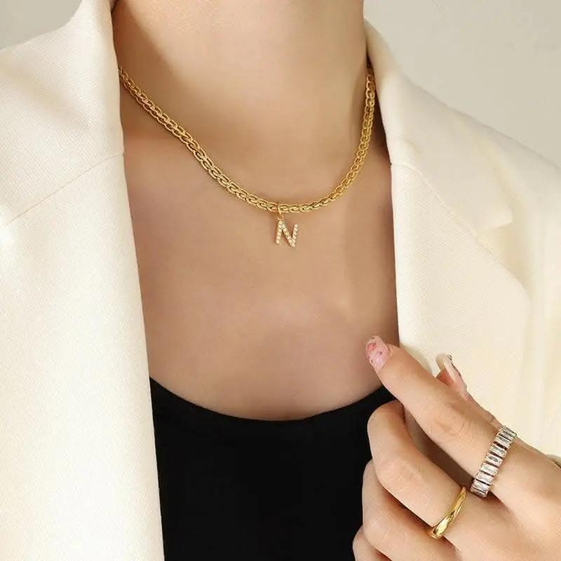 T-Shirts Trendsi Necklaces - Brass zircon letter pendant necklace