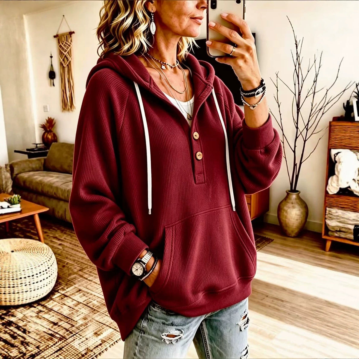 Women's Corduroy Hooded Sweatshirt With Buttons