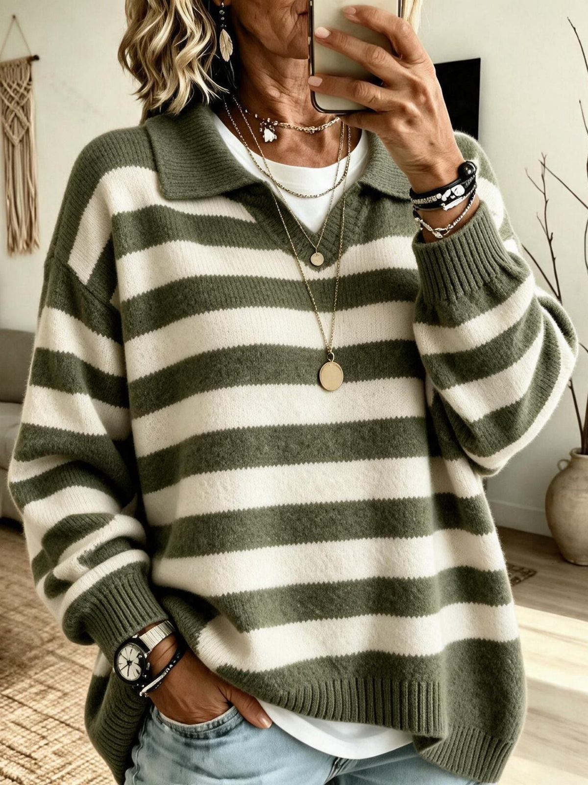 Women's Striped Color-Block Navy-Style Knit Sweater With Lapel Collar