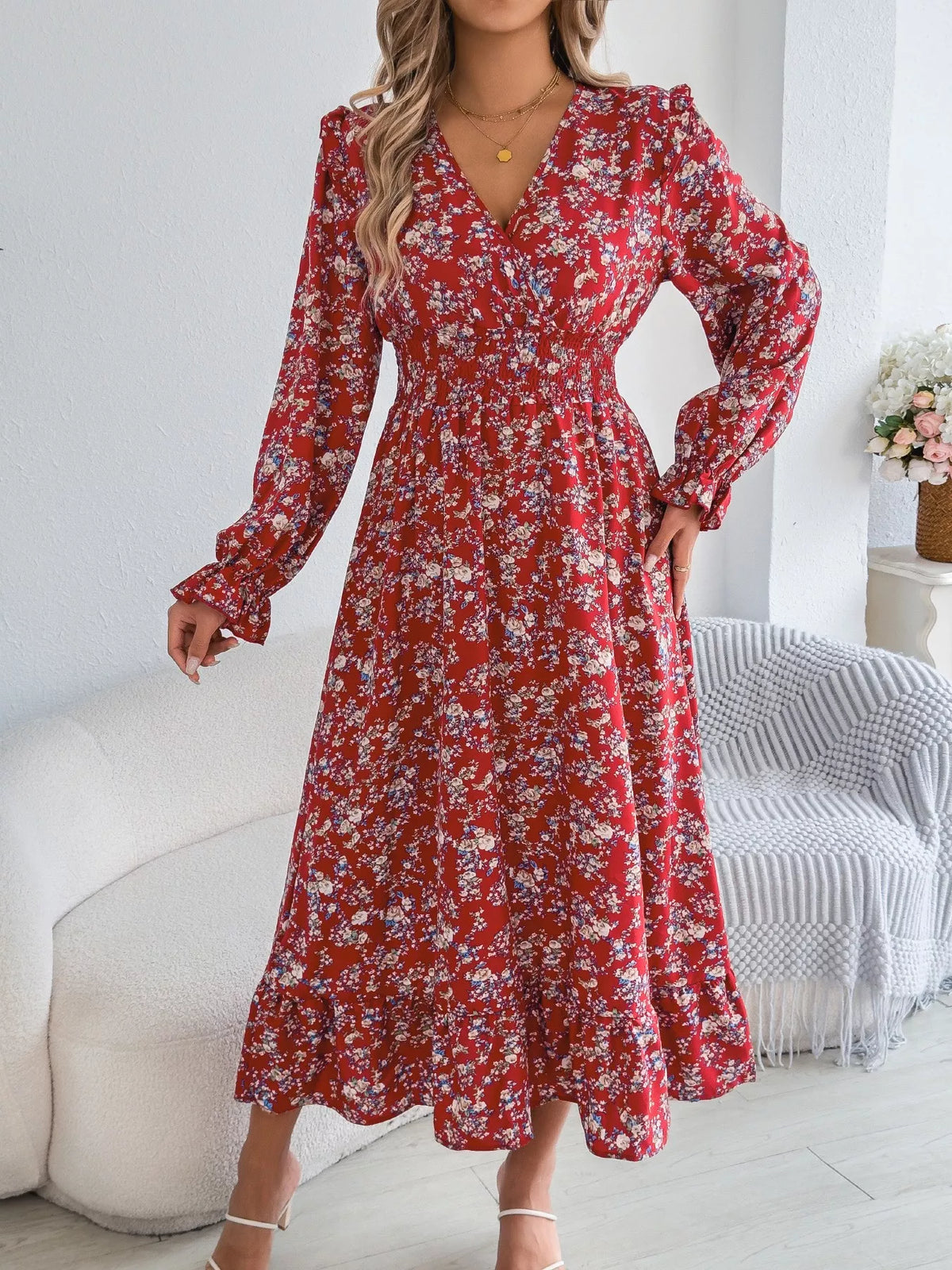 Ruffled Floral V-Neck Flounce Sleeve Dress