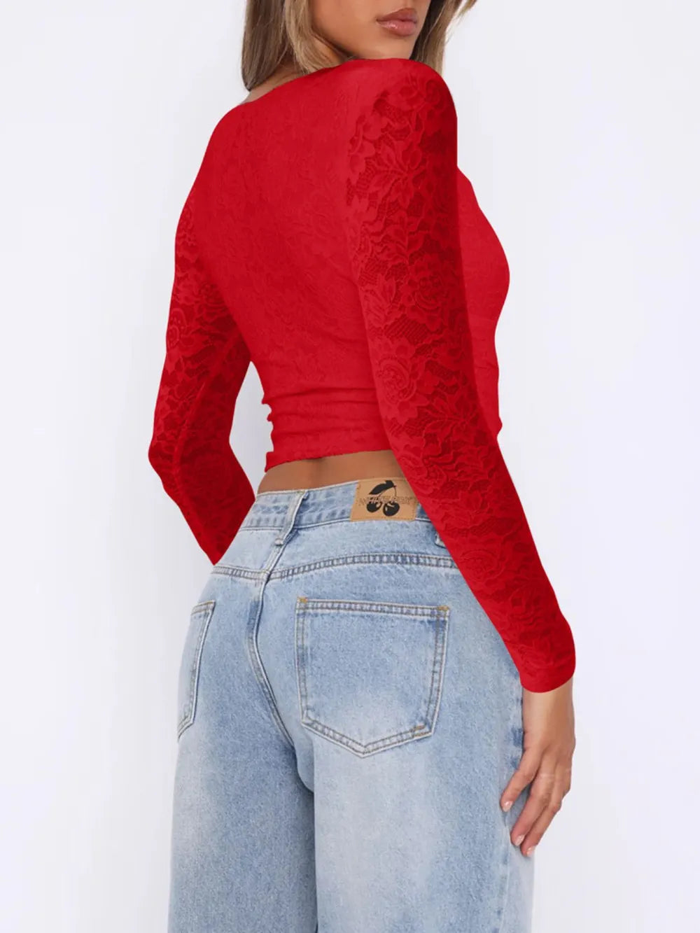 Top de encaje de manga larga con cuello de pico Devine