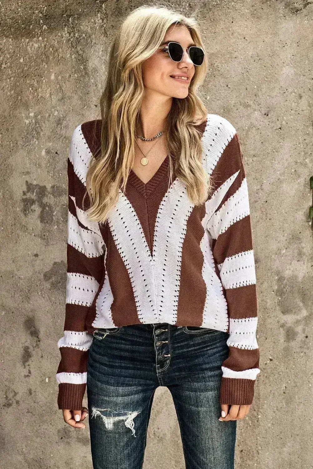 Fashion Brown Striped Colorblock V Neck Knitted Sweater