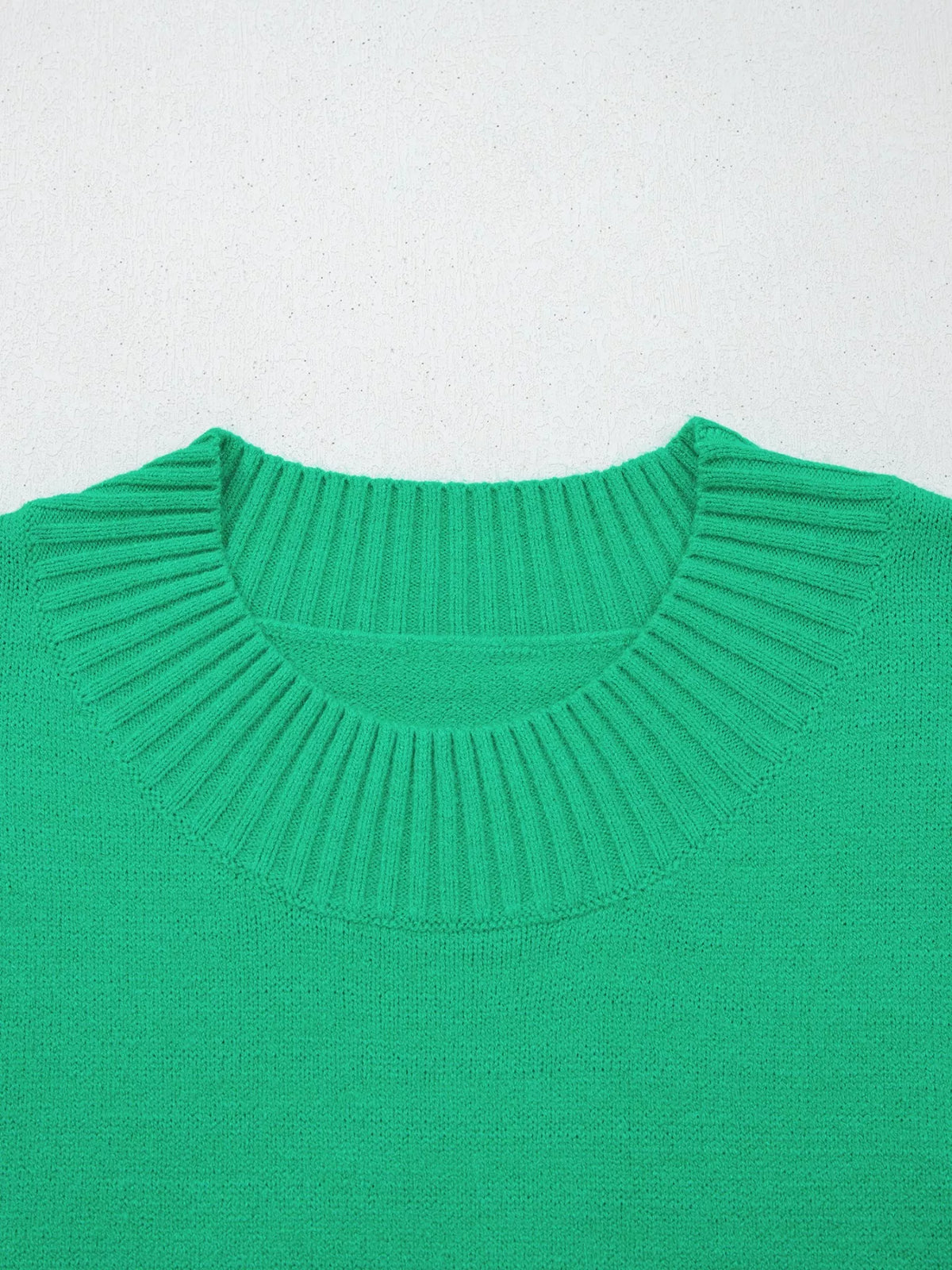 Solid Color Ribbed Trim Round Neck Ruffle Short Sleeve Sweater