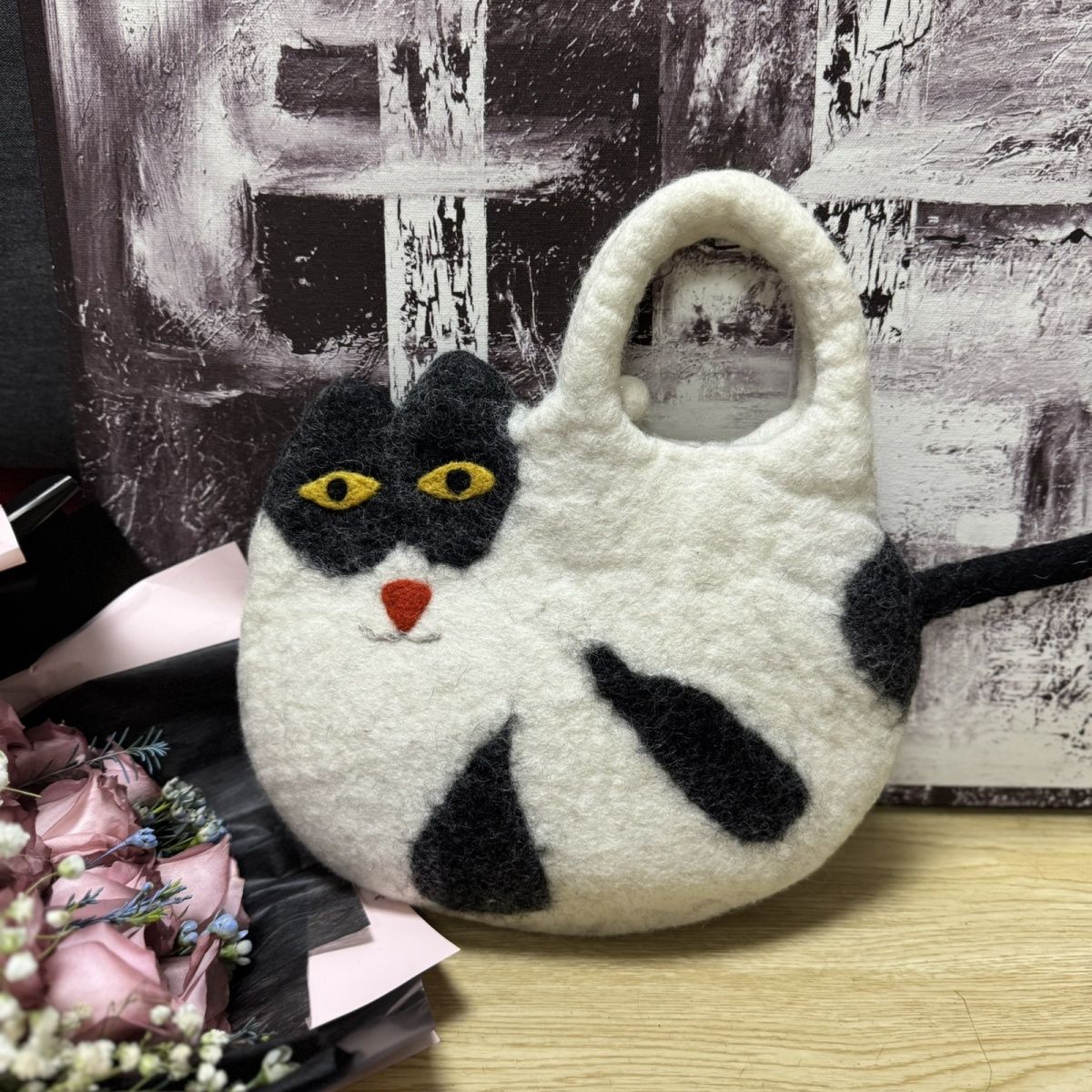 Handmade Wool Felt Cat Tote Handbag