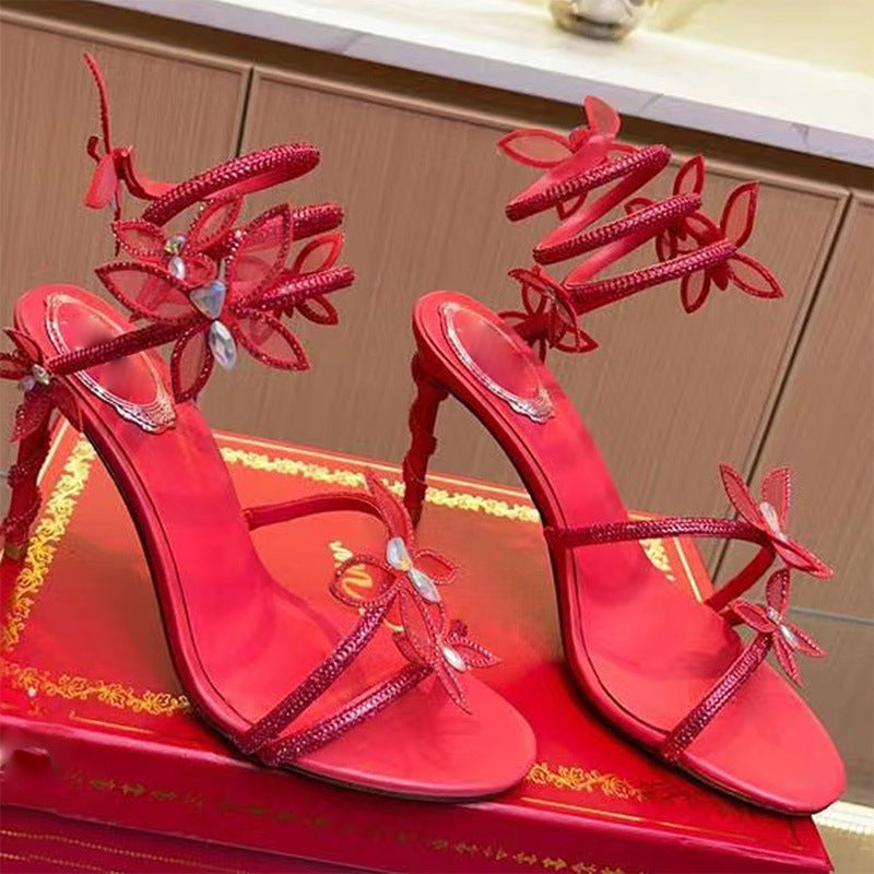 Snake Butterfly Rhinestone Stiletto Sandals