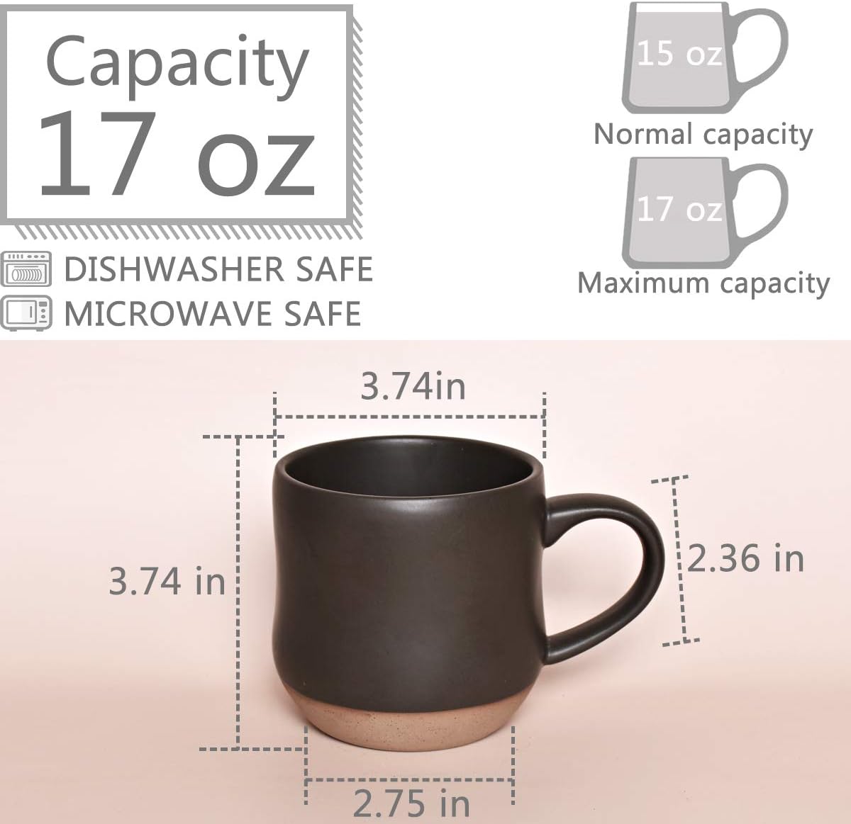 Bosmarlin Large Stoneware Speckled Coffee Mugs Set of 2, Big Tea Cup, 17 Oz, Dishwasher and Microwave Safe