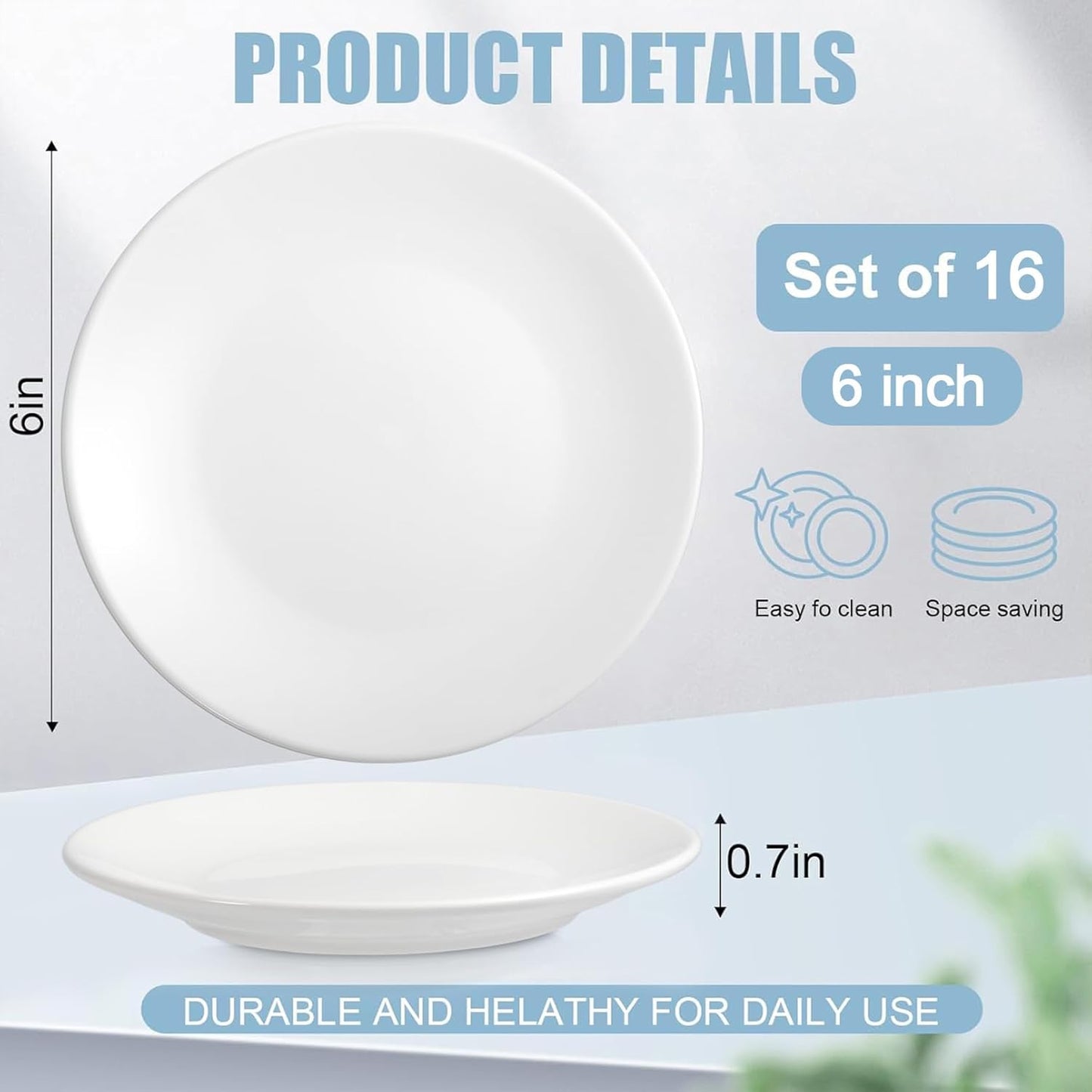 16 Pcs Porcelain Dessert Plates,6 inch White Appetizer Plates,Round Small White Plates,Small Plates for Appetizers,Ceramic Dessert Plate for Cake Snacks,Microwave Oven and Dishwasher Safe