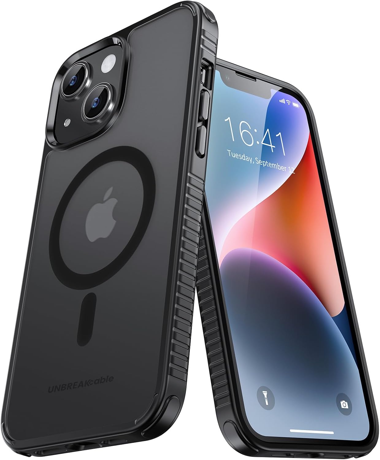 UNBREAKcable Case for iPhone 14 & iPhone 13, [Compatible with MagSafe] [Military Grade Shockproof] [Non-Slip] Translucent Matte Back and Soft TPU Edge Protective Case for iPhone 14/13 6.1", Black