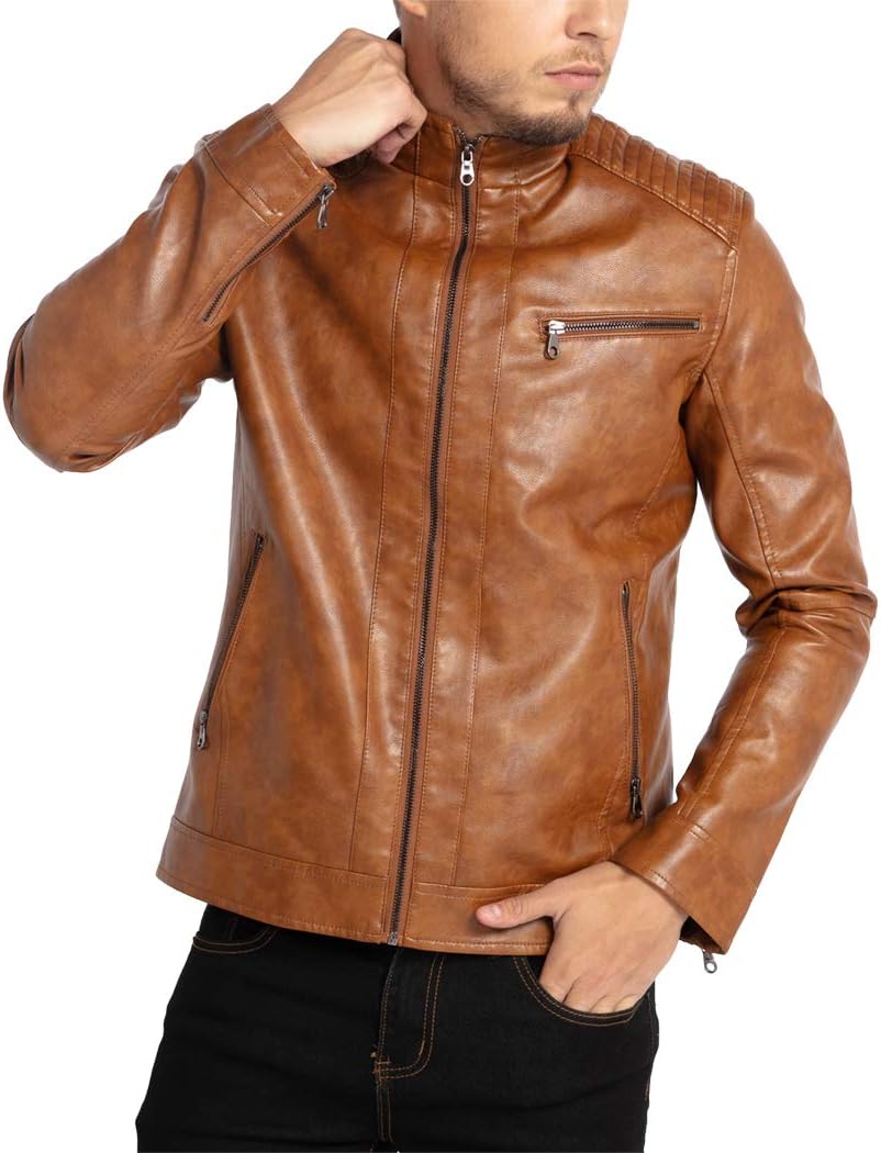 7DAY'S Men's Stand Collar Leather Jacket Motorcycle Lightweight Faux Leather Outwear