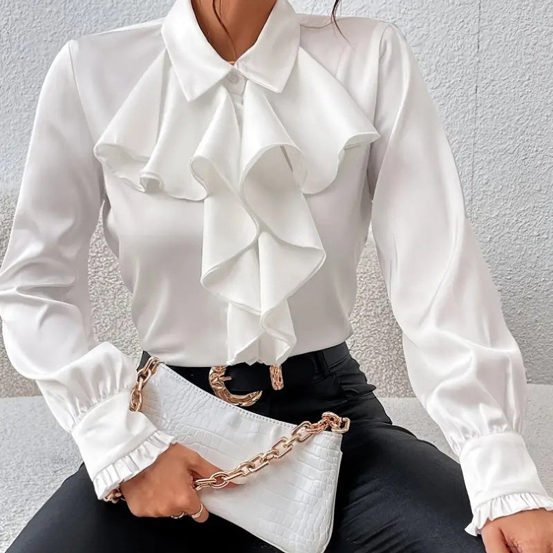Blusa de mujer con cuello con volantes | Top de trabajo elegante de manga larga