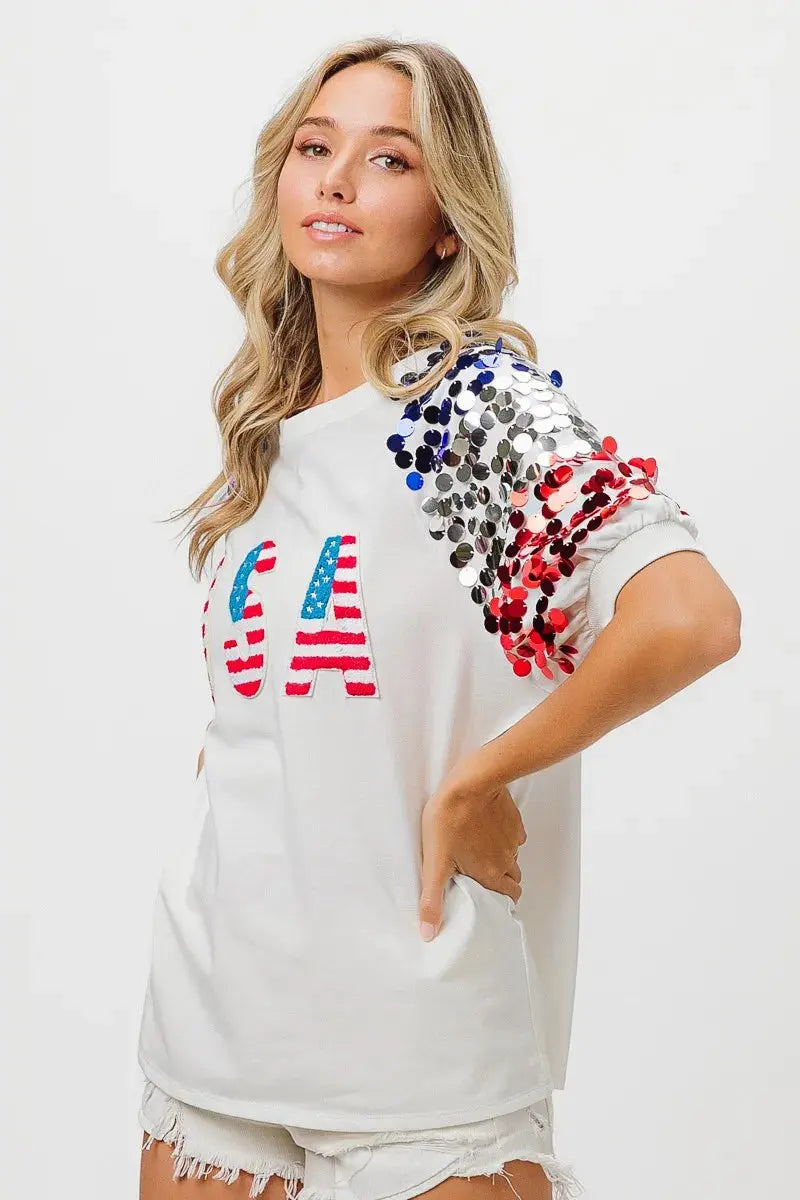 Women's T-Shirt Women's Tee - Sequin American Flag - Patriotic USA Made