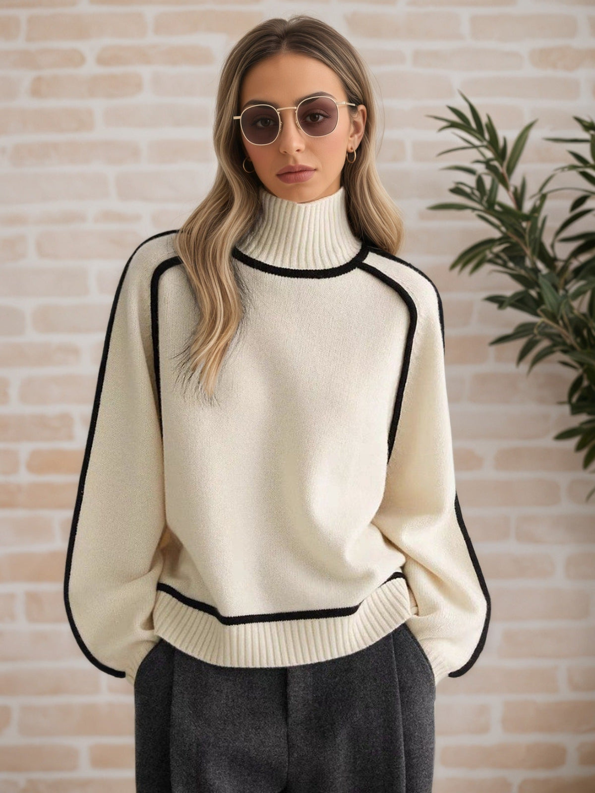 Women's Turtleneck Contrast Trim Sweater, 2026 Fall Winter Loose Long Sleeve Pullover, Casual Lazy Style Knit Top