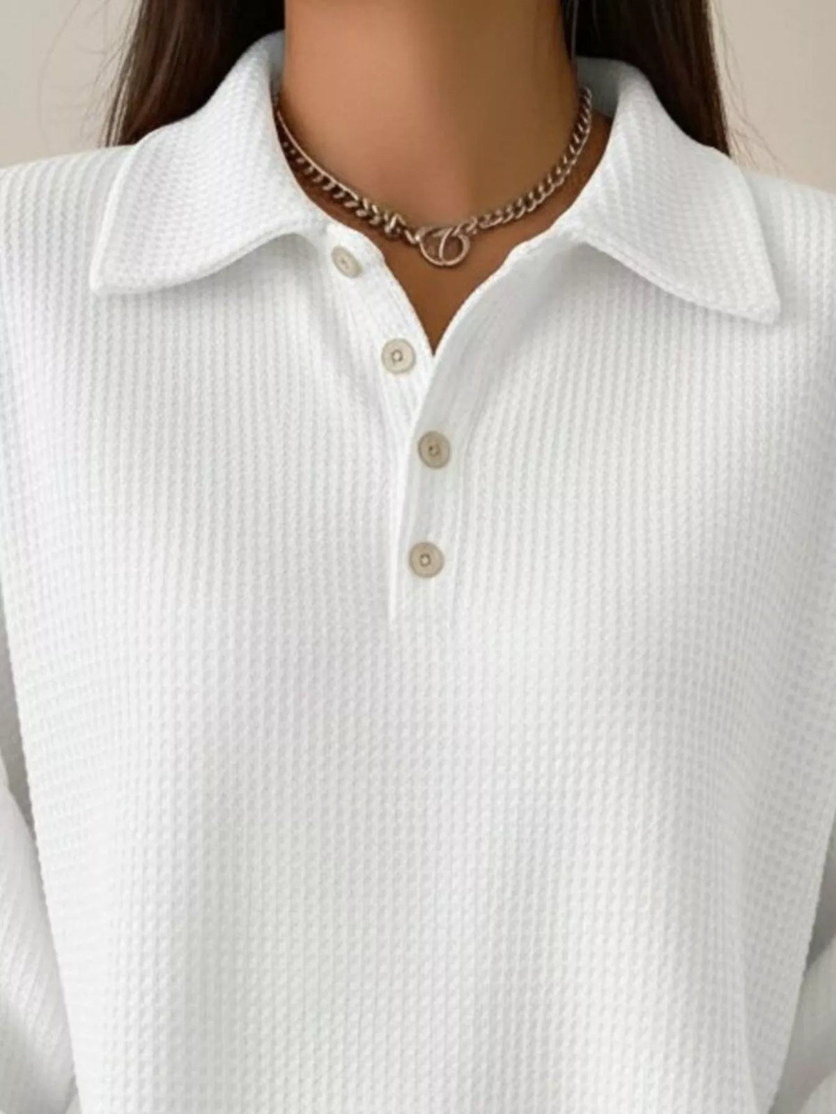 Full Size Waffle Knit Button Detail Sweatshirt Plus Size