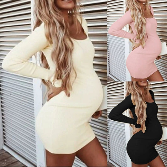 Vestidos de invierno de maternidad para mujeres embarazadas, cuello redondo, manga larga, color liso, elástico, suave, bata de embarazo, accesorios, ropa de talla grande