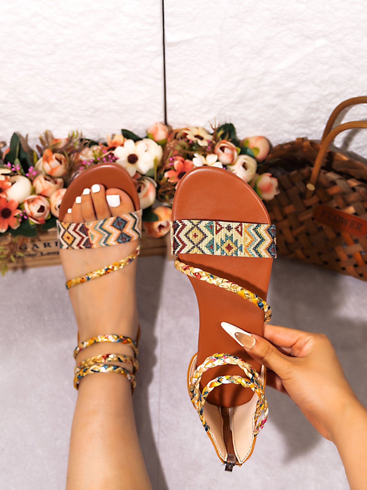 Sandalias Romanas Bohemias para Mujer - Zapatos Planos de Punta Abierta con Cremallera Trasera