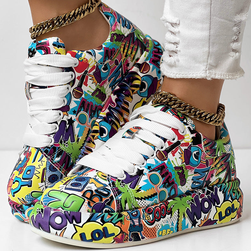 Women's Casual Round Toe Thick Sole Lace-Up Sneakers, Random Print Design, Comfortable Sporty Shoes For Daily Wear See size chart under “more details”