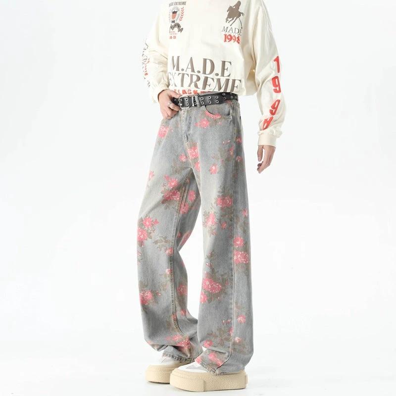 Men's Peony Jacquard Washed Loose Jeans