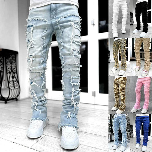 Pantalones con Parches Individuales para Hombre Jeans Ajustados Largos de Tiro Apilado