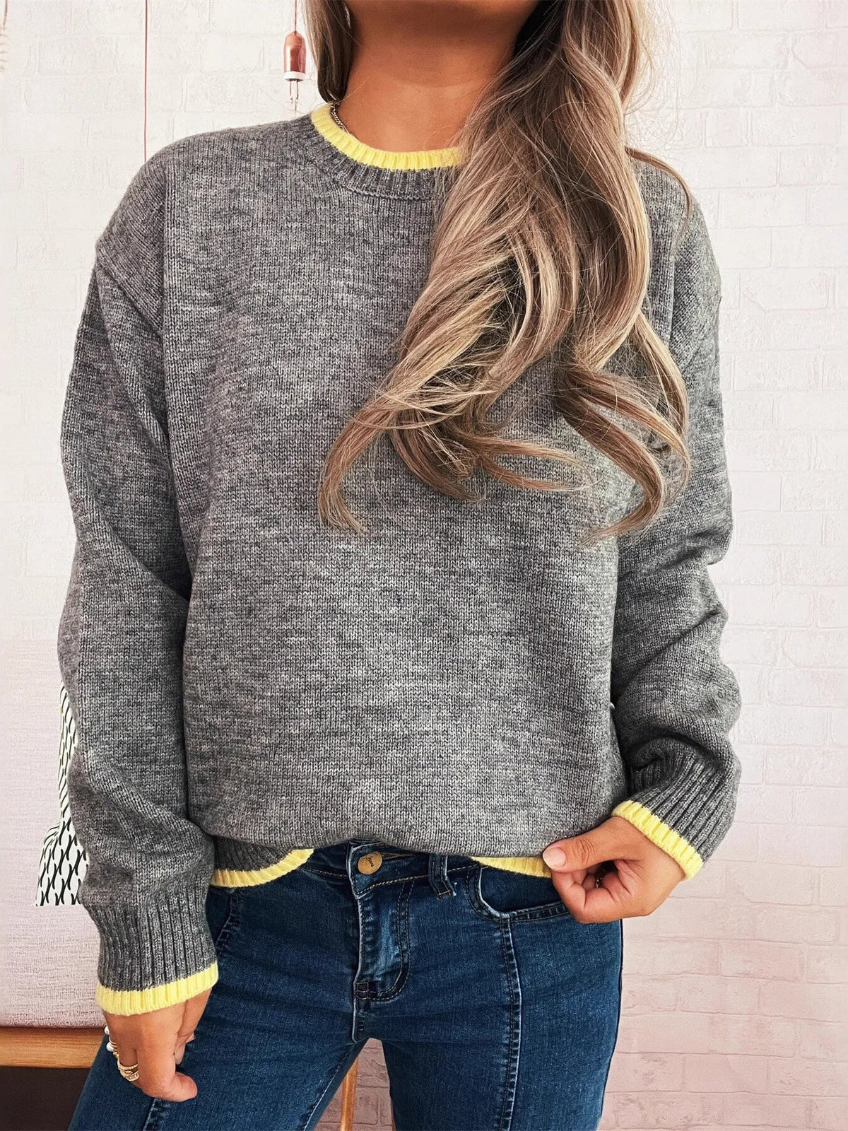 Ribbed Contrast Trim Long Sleeve Sweater