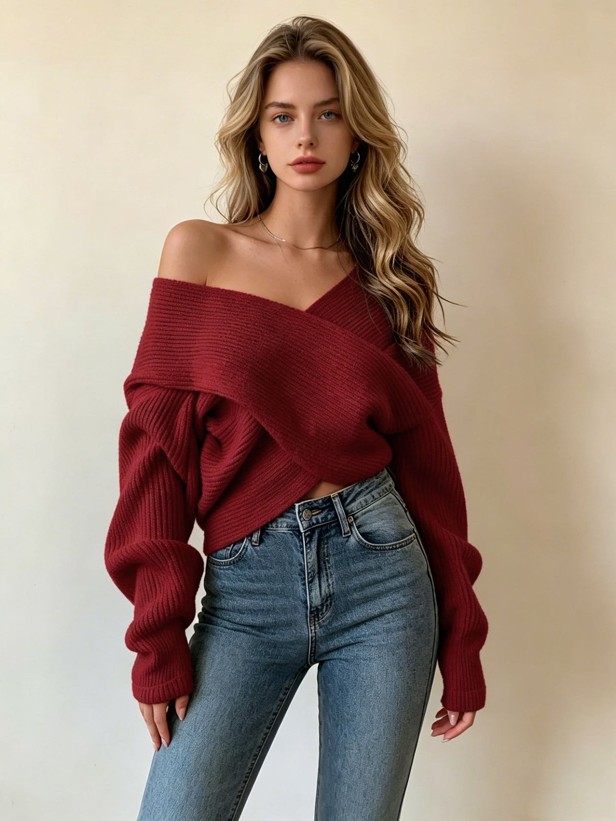 Loose-fitting Cropped Knitted Irregular Sweater For Women