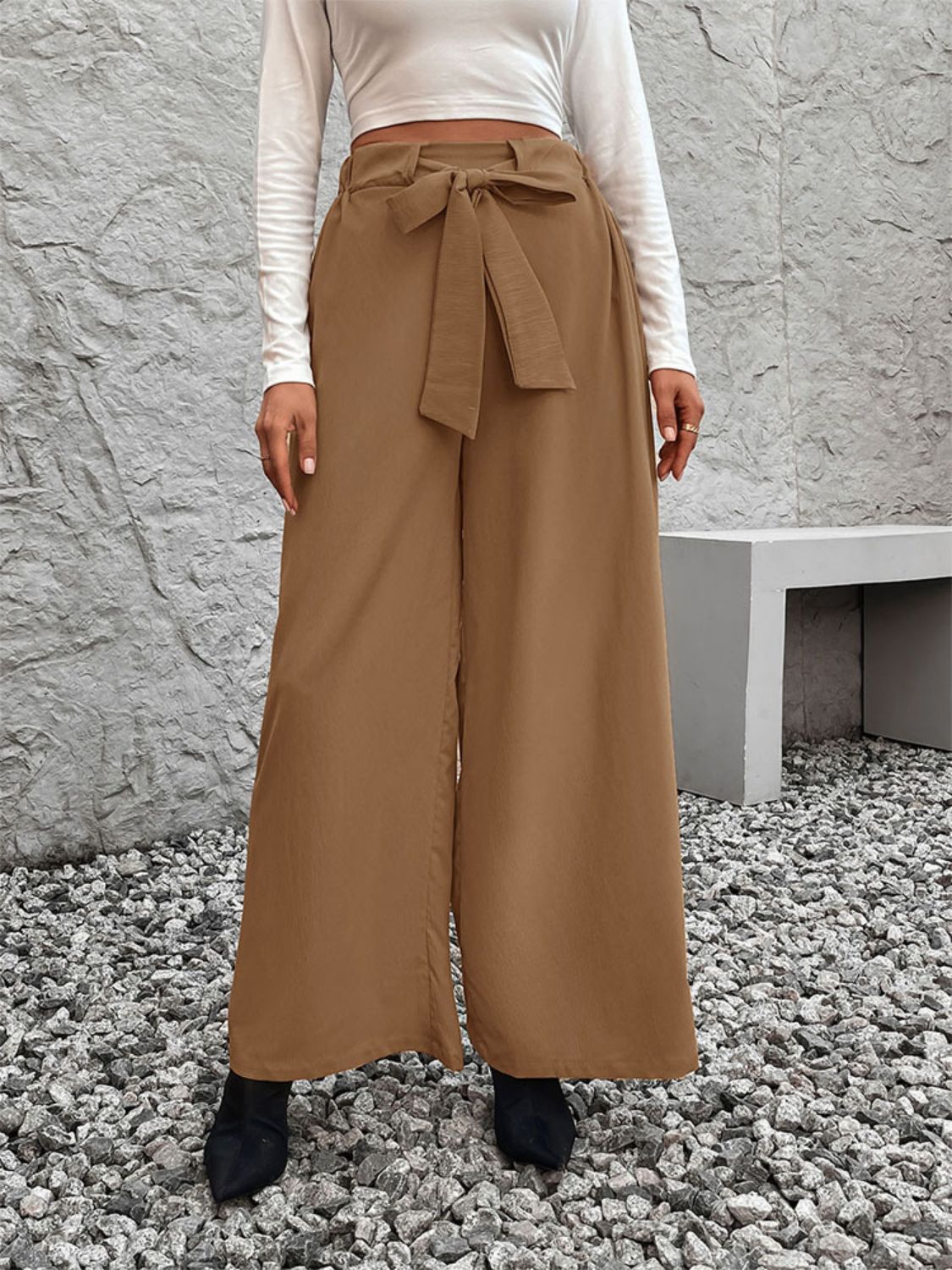 Pantalón de pierna ancha de cintura alta anudado Perfee