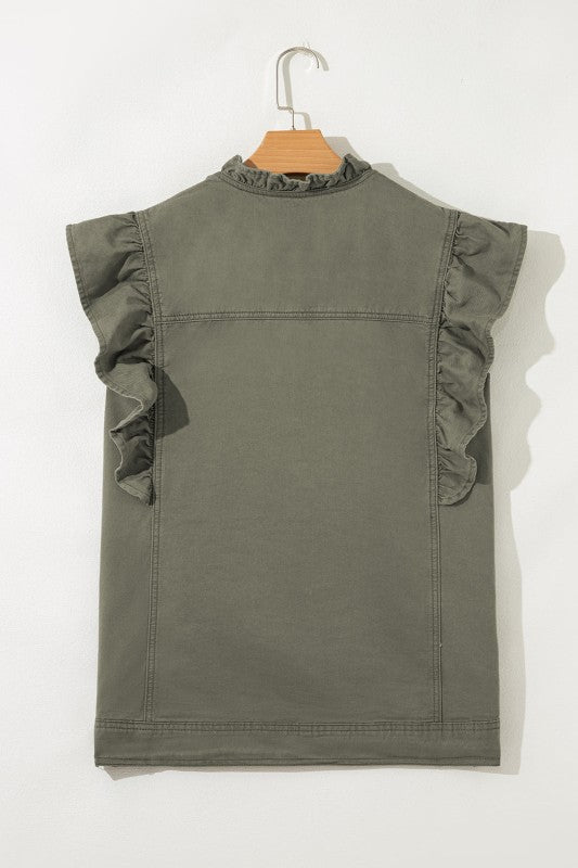 Denim Patchwork Ruffle Sleeve Jacket Vest See size chart under “more details”