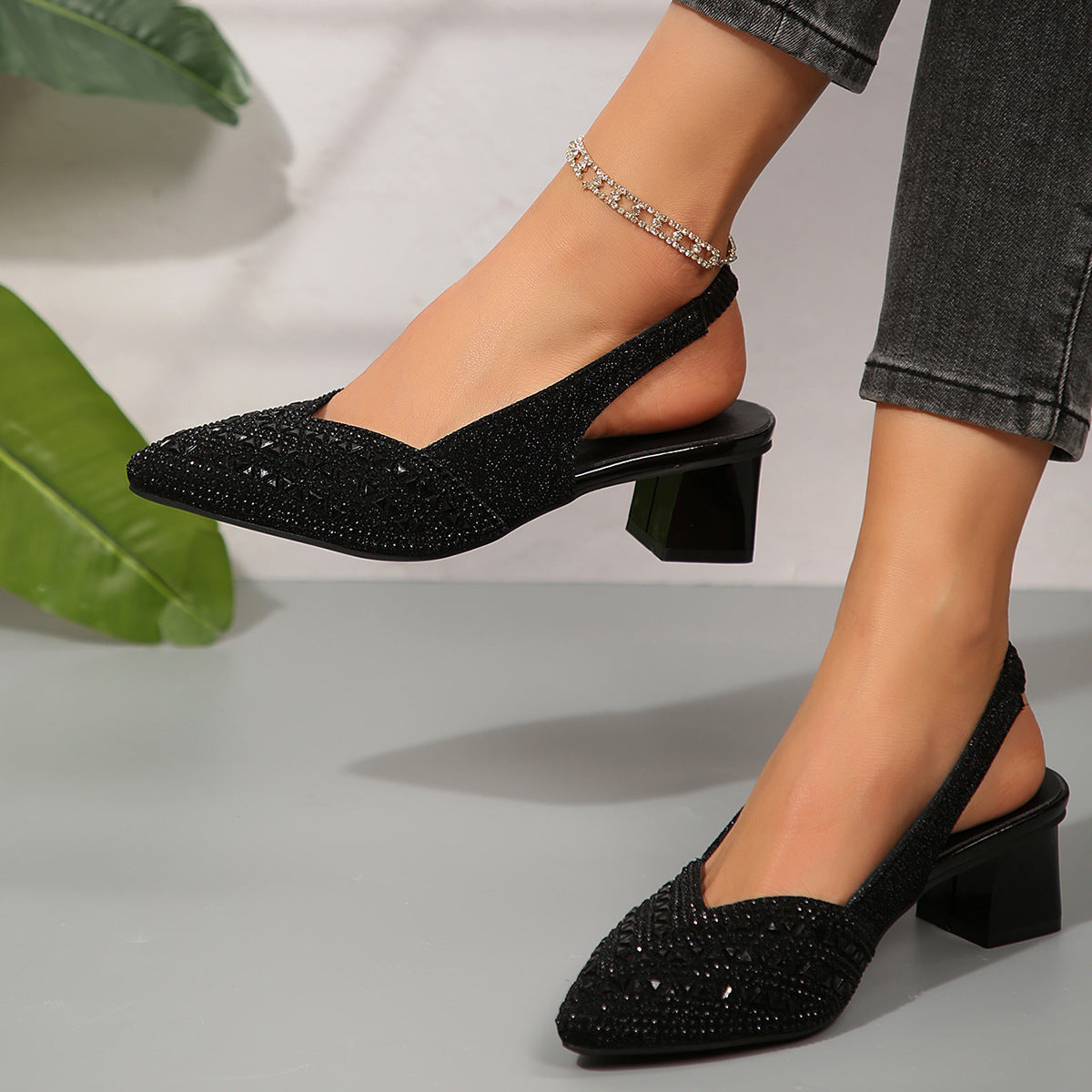 Women's Rhinestone Pointed-Toe Low-Heel Shoes