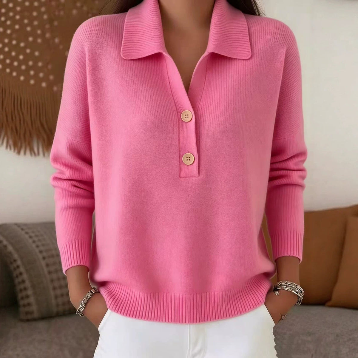 Button Lapel Sweater Women's Knitted Polo Neck Long Sleeve Pullover Top Casual Fall Winter Clothing