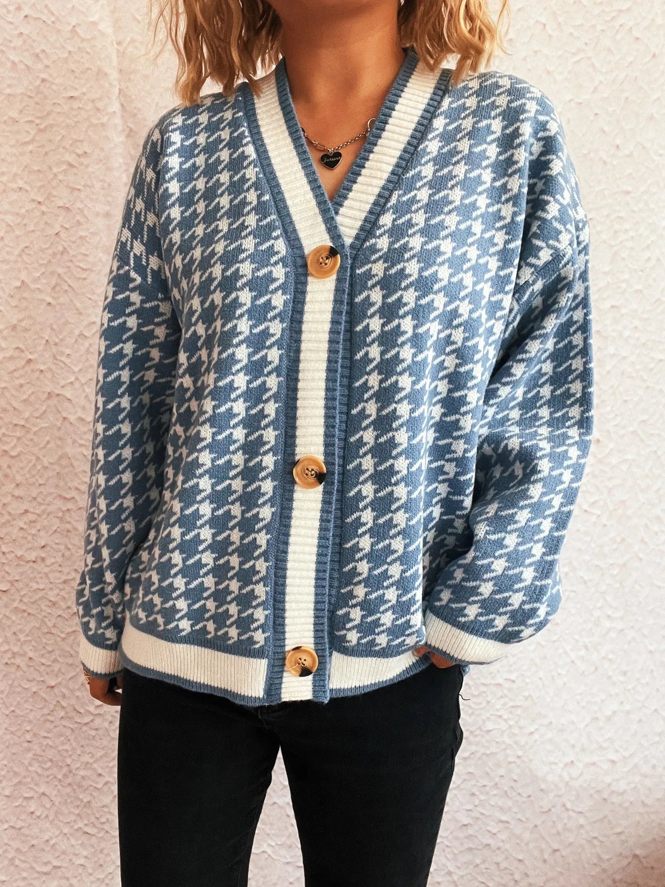 Cárdigan de punto con cuello en V y botones con estampado de pata de gallo para mujer
