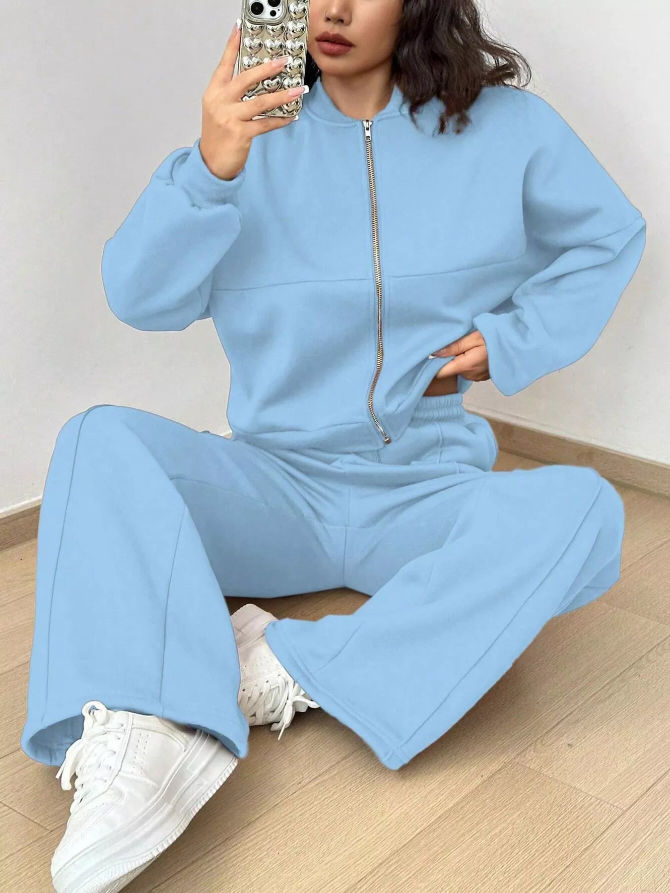 Conjunto de chaqueta con cremallera de color liso informal y pantalones de pernera ancha