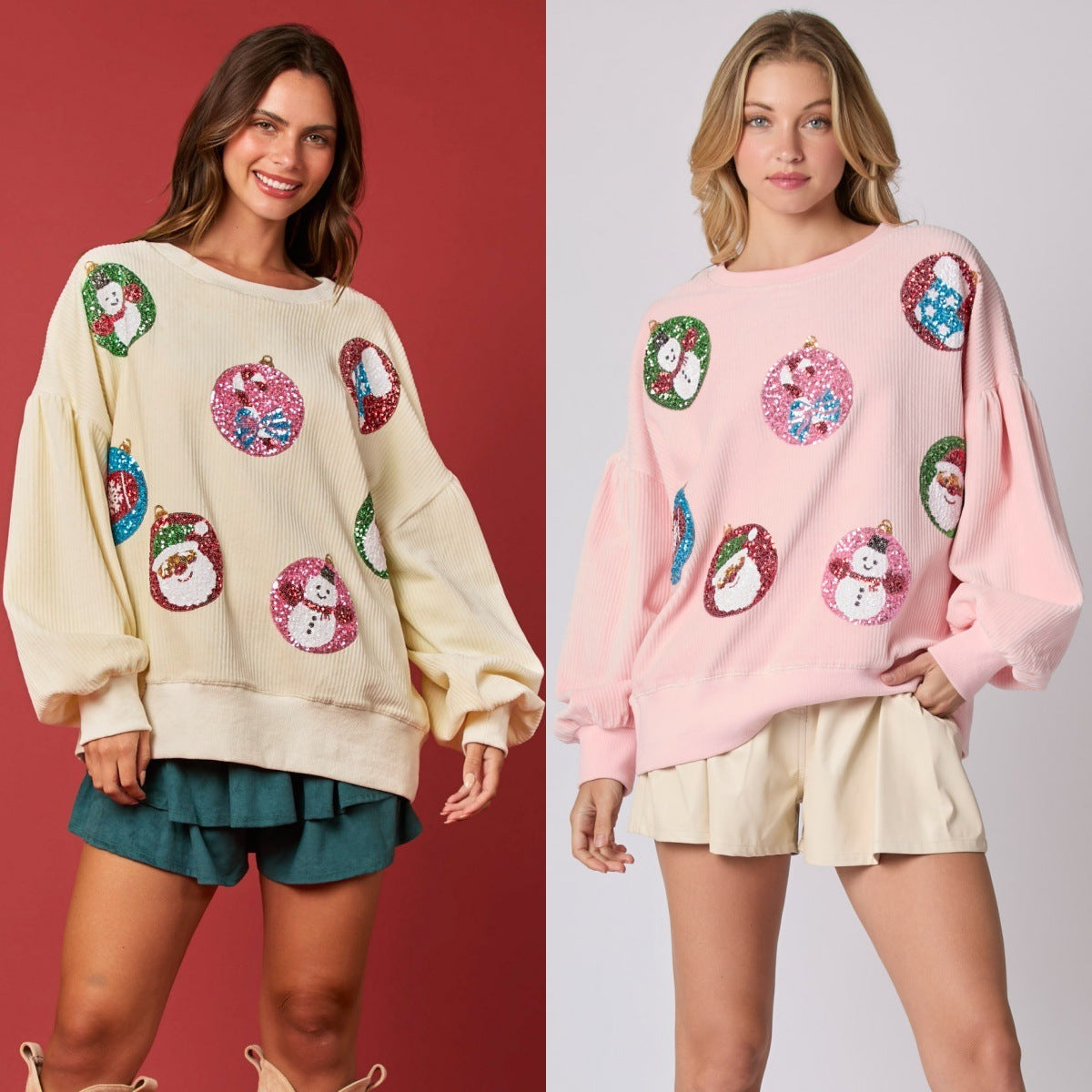 Blusa tipo sudadera holgada de manga larga con lentejuelas de huevo de Navidad para mujer