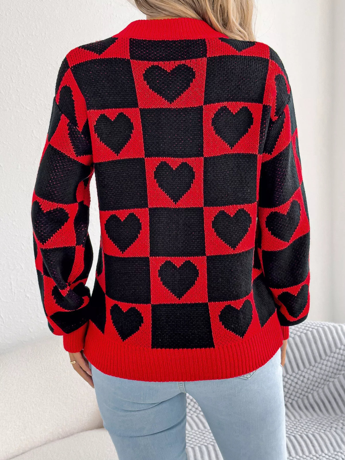 Heart Checkerboard Pattern Round Neck Sweater