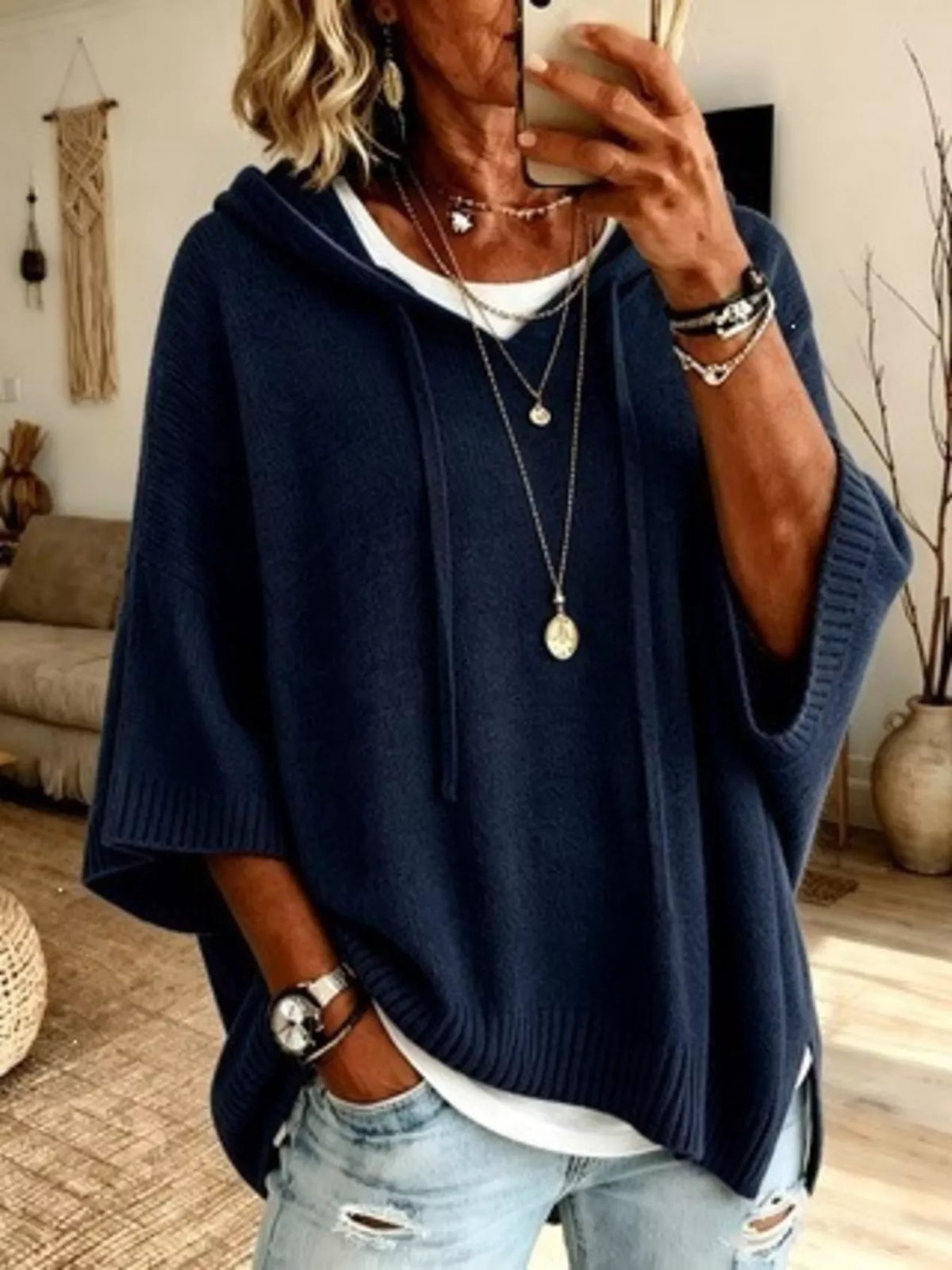 Full Size Drawstring 3/4 Sleeve Hooded Sweater Plus Size