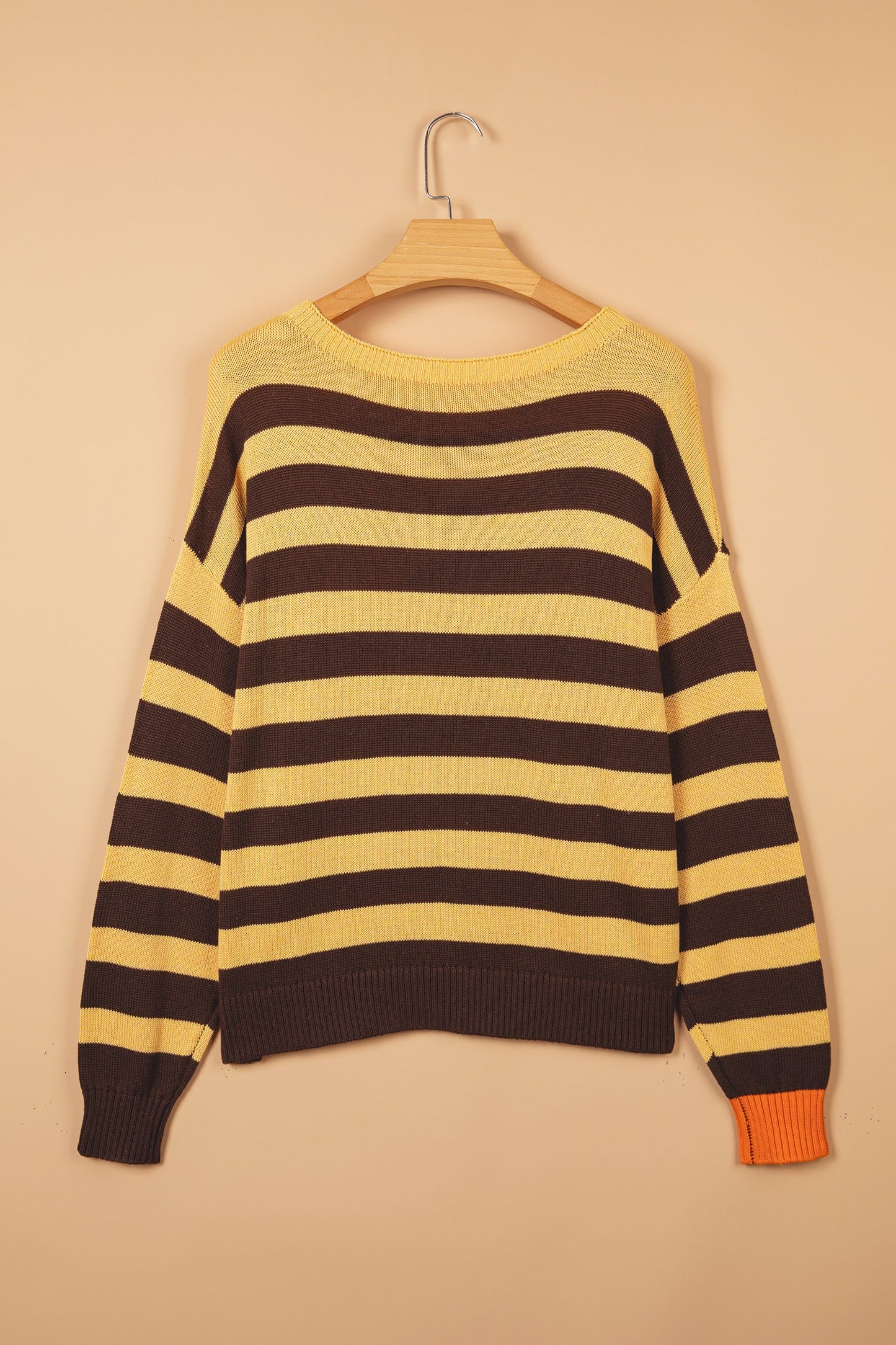 Brown Stripe Striped Drop Shoulder Colorblock Pullover Sweater