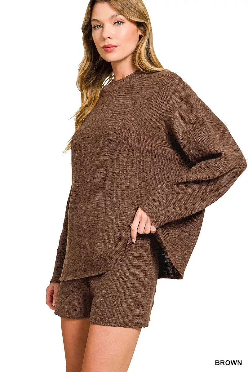 Zenana Round Neck Knit Top and Shorts Sweater Set in Brown