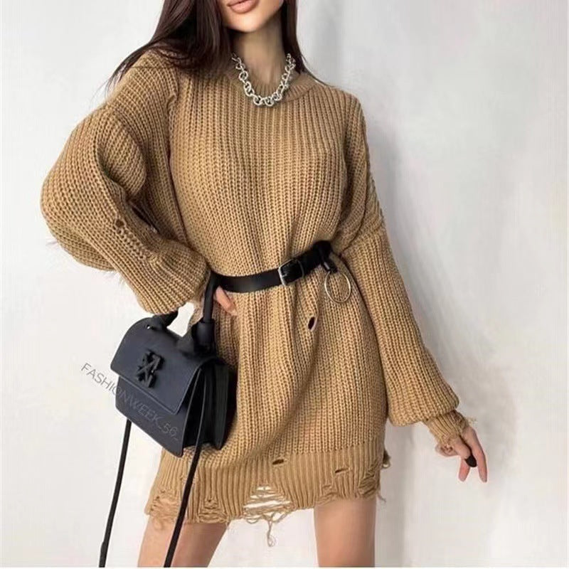 Women's Crew Neck Distressed Knit Sweater, 2026 Fall Winter Solid Color Loose Long Sleeve Pullover, Ripped Fringe Hem Jumper