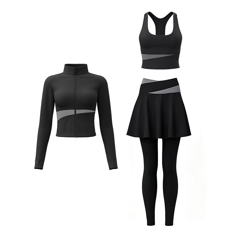 Womens Color-Block Stand-Neck Zipper Yoga Three-Piece Set