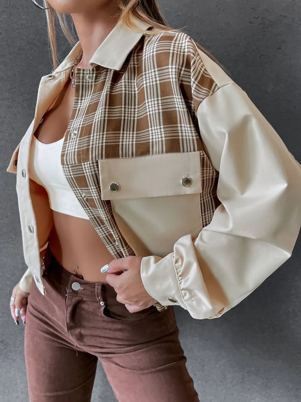 Snap Down Color Block Plaid Jacket