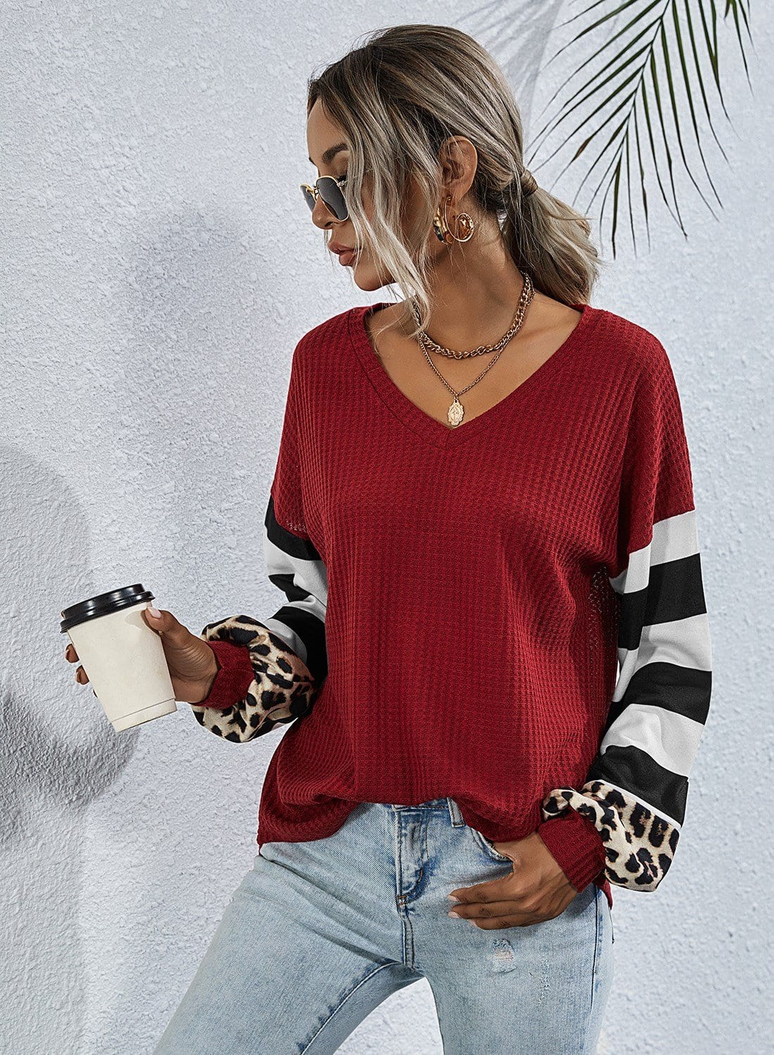 Suéter a contraste con estampado de rayas y leopardo