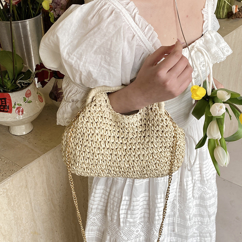 Women's Woven Chain Small Bucket Travel Bag