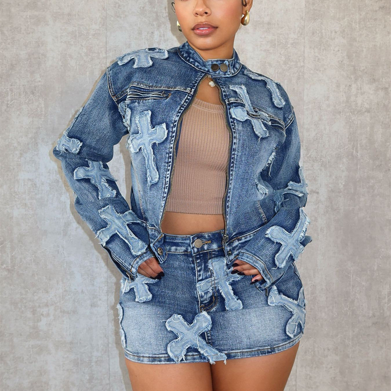 Denim Embroidered Short Skirt Jacket Suits Suit See size chart under “more details”