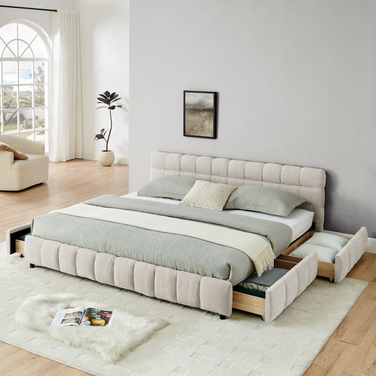 Modern Platform Bed Frame With Thick Fabric