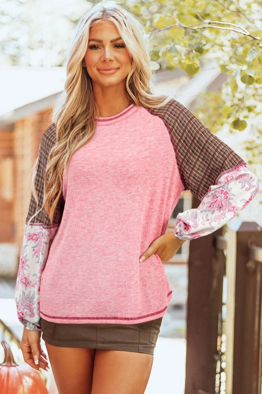 Sweaters Love Salve Fushia Patchwork Top Women's Casual Knit Top: Ribbed & Raglan
